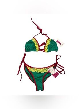 Doll Swimwear Dark Green W/ Yellow Flat Lace-Res Piping Bikini Set Size Large